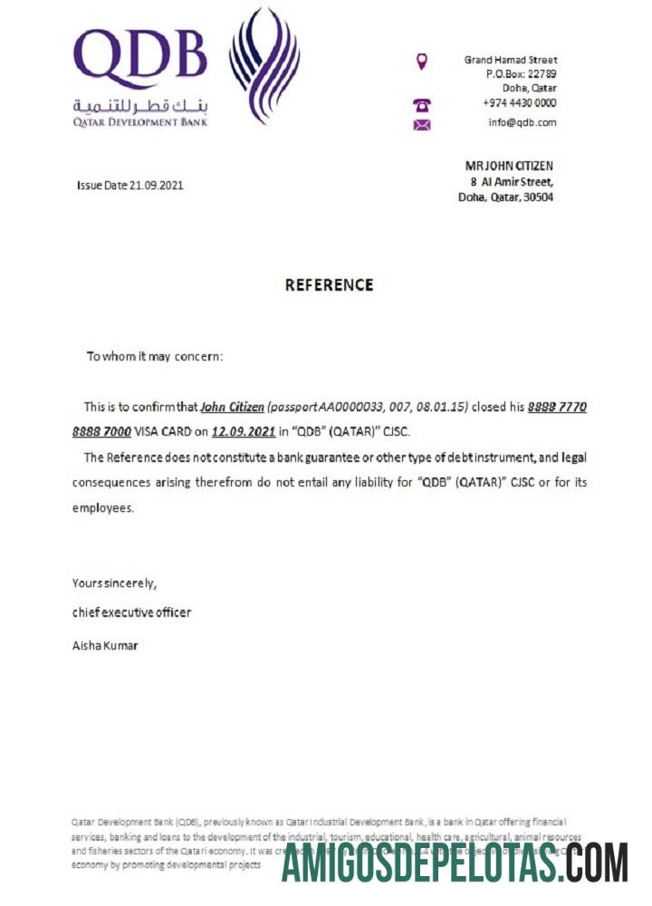 Referência de encerramento do Banco de Desenvolvimento do Qatar exemplo